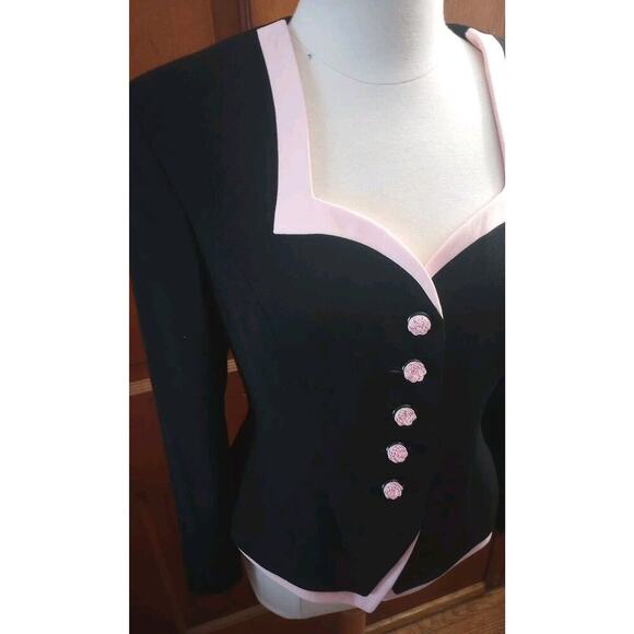 Rickie Freeman Teri Jon Blazer Top Womens Sz 6 Black Pink Rose Buttons Formal - Picture 2 of 8
